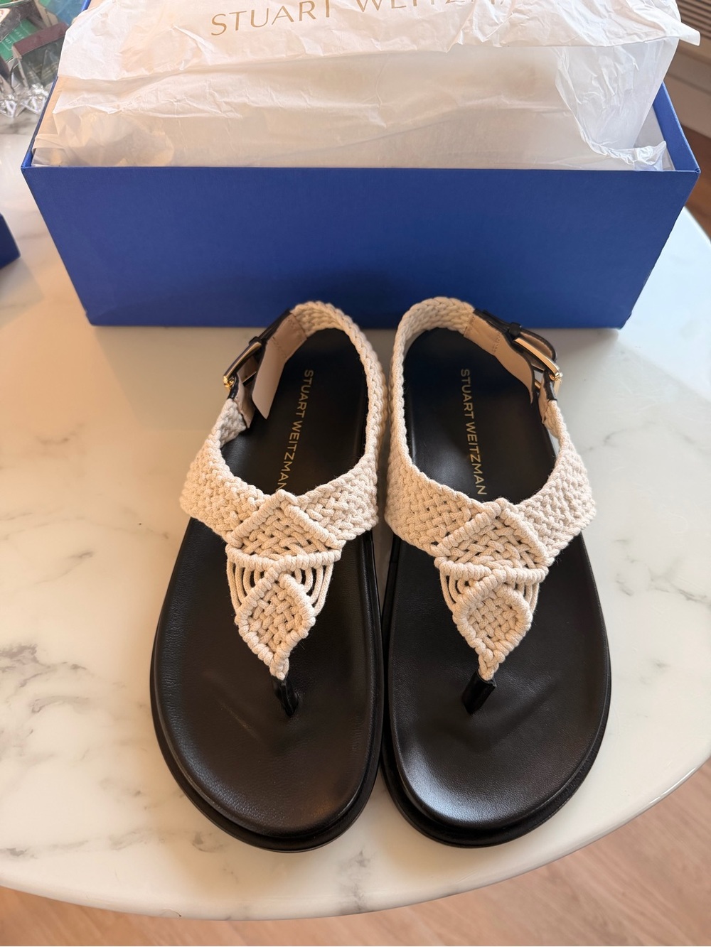 Stuart Weitzman Delaney Thong Braided Cream Black Sandals